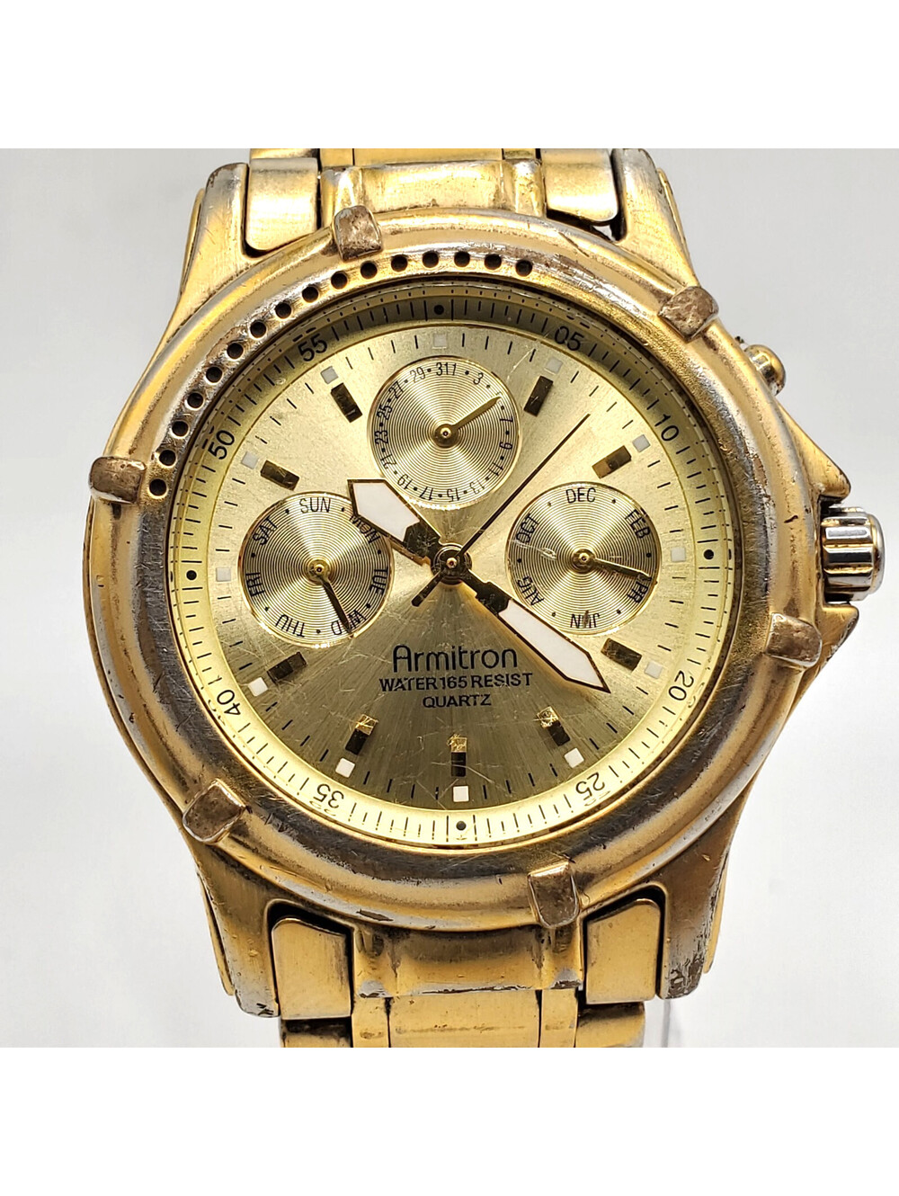 Armitron Multifunction Watch Men 37mm Gold Tone Rotating Bezel New Battery